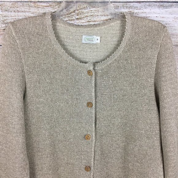 Natural Style Cardigan Sweater Linen Blend Open Weave Embellished - Picture 2 of 11